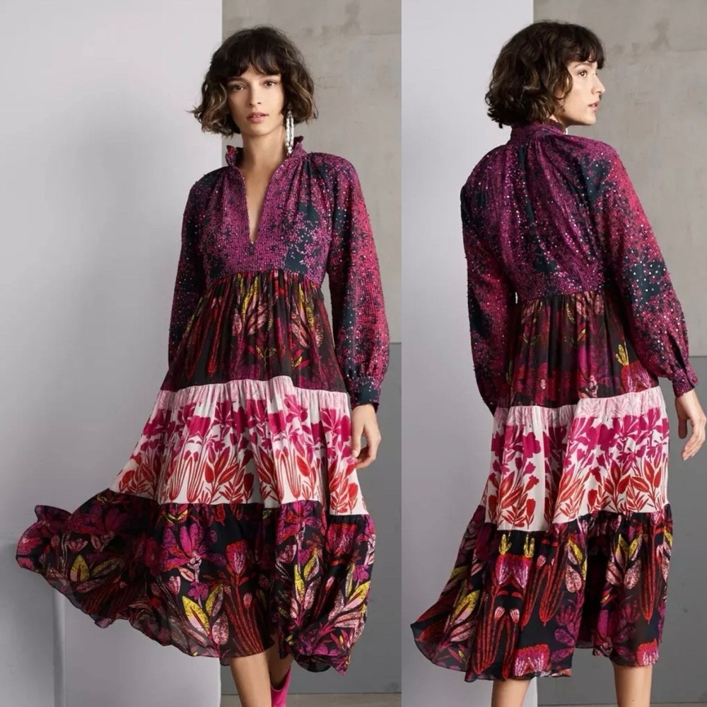Roopa Pemmaraju Calla Tiered Maxi Dress Size XS Floral Long Sleeve Boho Cottage